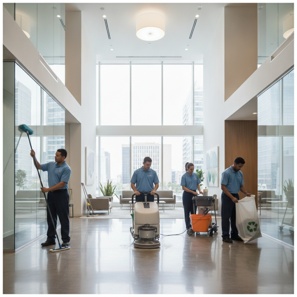 Uniformed commercial cleaning crew servicing a modern corporate office building lobby with professional equipment