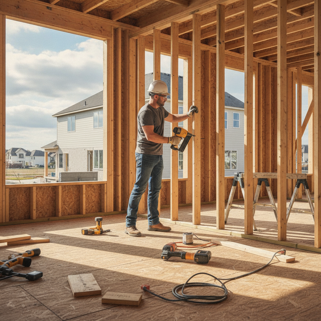 Skilled contractor framing walls during a residential home renovation project on an active jobsite
