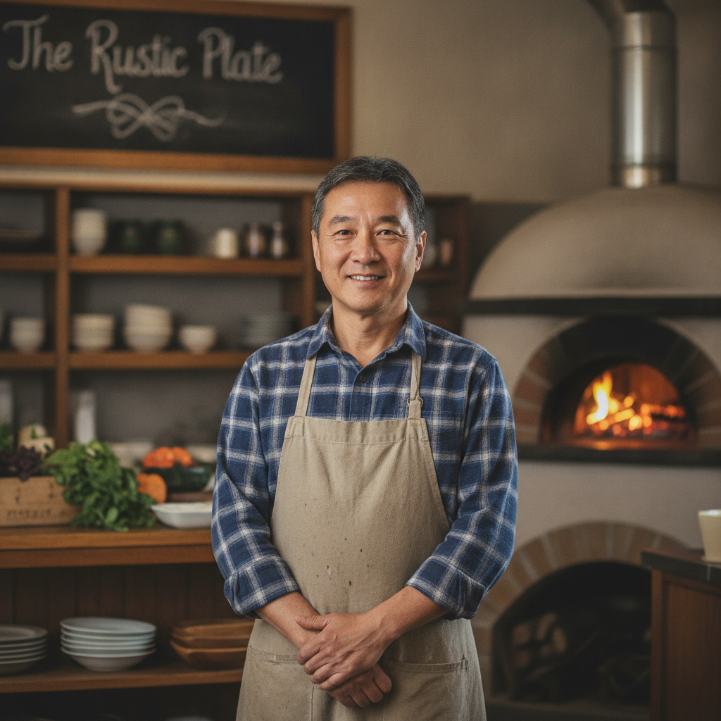 Friendly local restaurant owner in an apron