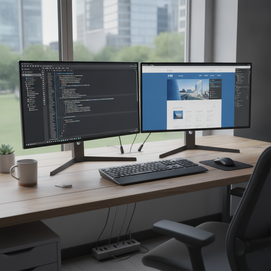 Modern web development workspace showing code on dual monitors