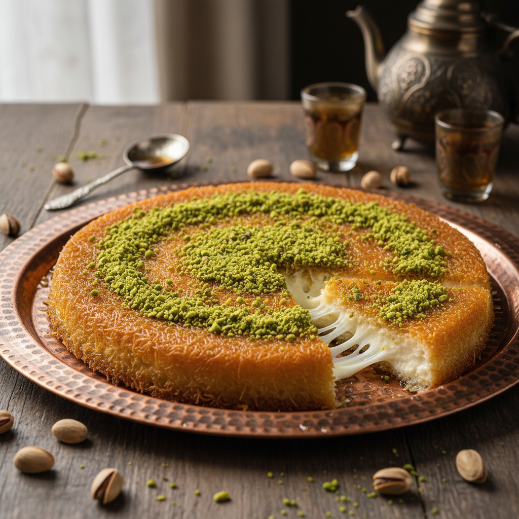 Traditional Palestinian knafeh with freshly made cheese, crispy golden pastry, and crushed pistachios on top.