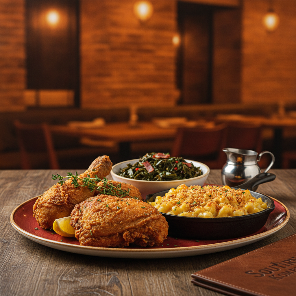 A beautifully arranged platter of gourmet Southern comfort food including fried chicken, mac and cheese, and collard greens