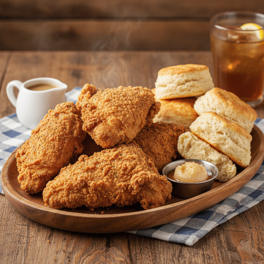 Golden crispy buttermilk fried chicken served on a platter with biscuits