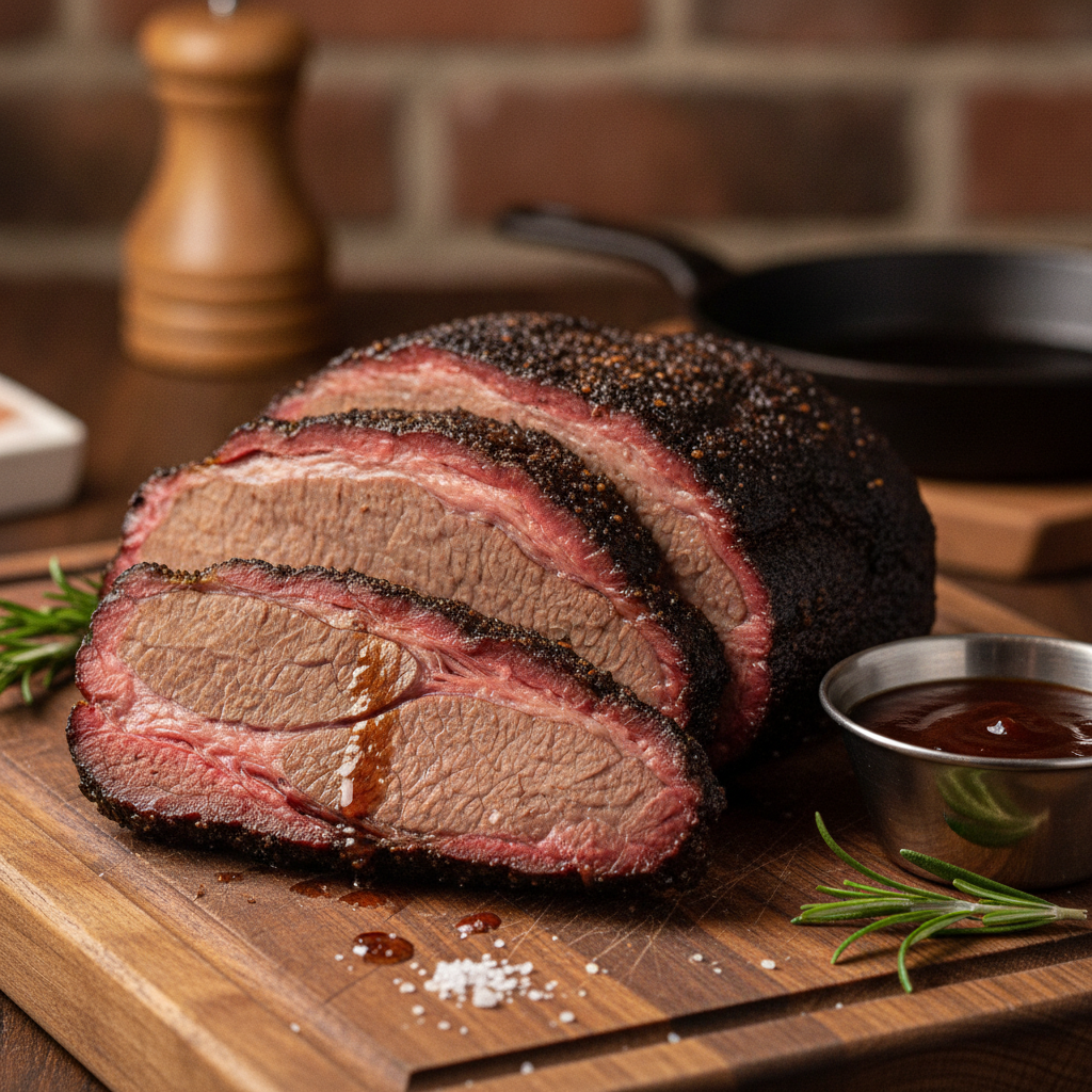 Thick slices of slow-smoked beef brisket with a rich bark