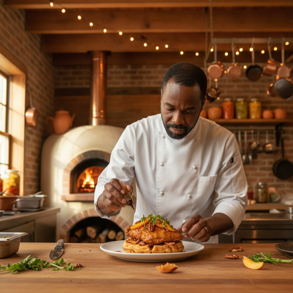 Chef carefully plating a gourmet Southern comfort food dish in a warm, rustic kitchen