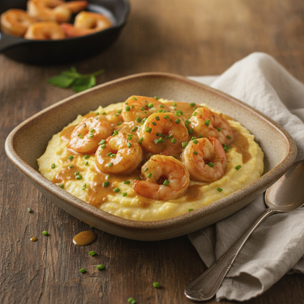 A bowl of creamy shrimp and grits garnished with fresh herbs