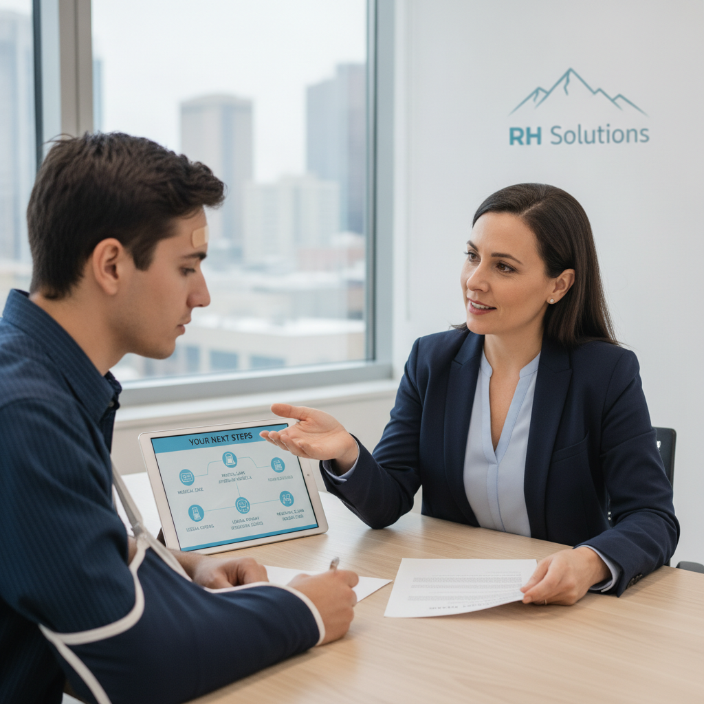 Professional bilingual consultant helping an accident victim understand their options