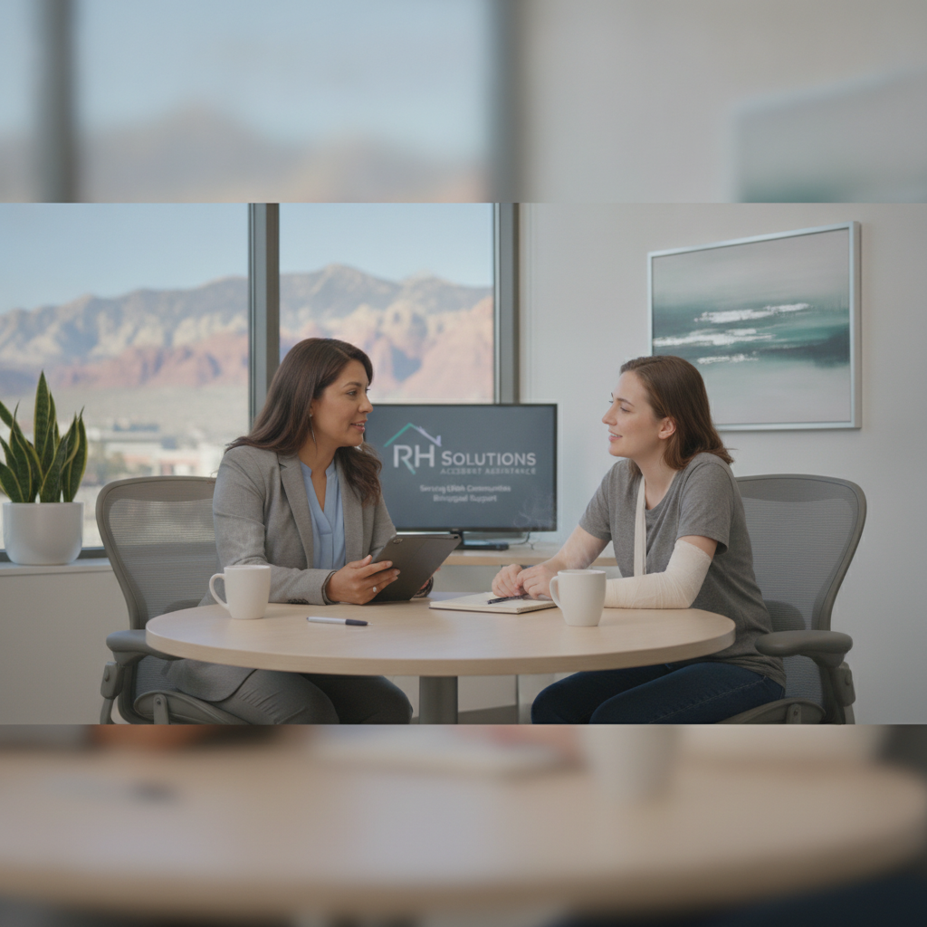 Compassionate professional assisting an accident victim in a modern Utah office