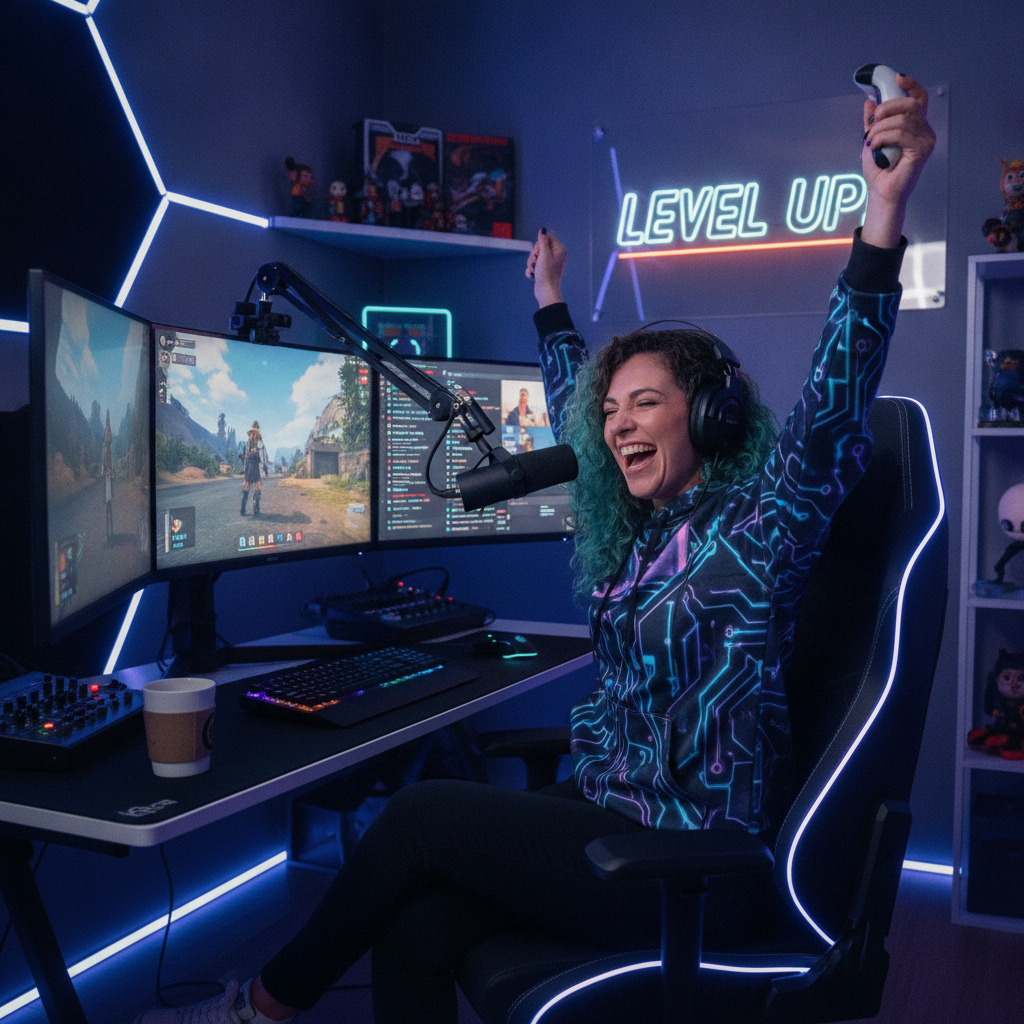 Portrait of an energetic gaming content creator in a streaming setup