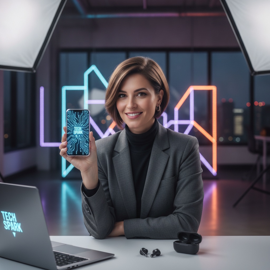 Portrait of a successful tech micro-influencer with modern lighting