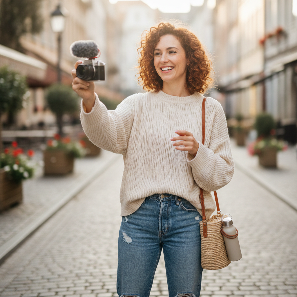 Portrait of a modern lifestyle vlogger outdoors