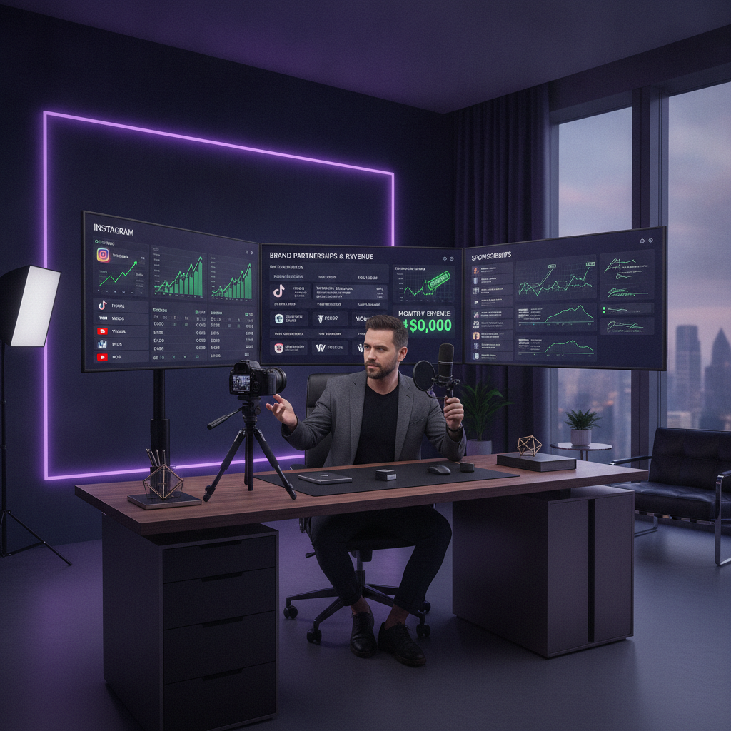 Sleek, modern creator studio desk with multiple monitors showing audience growth analytics and a professional microphone setup.