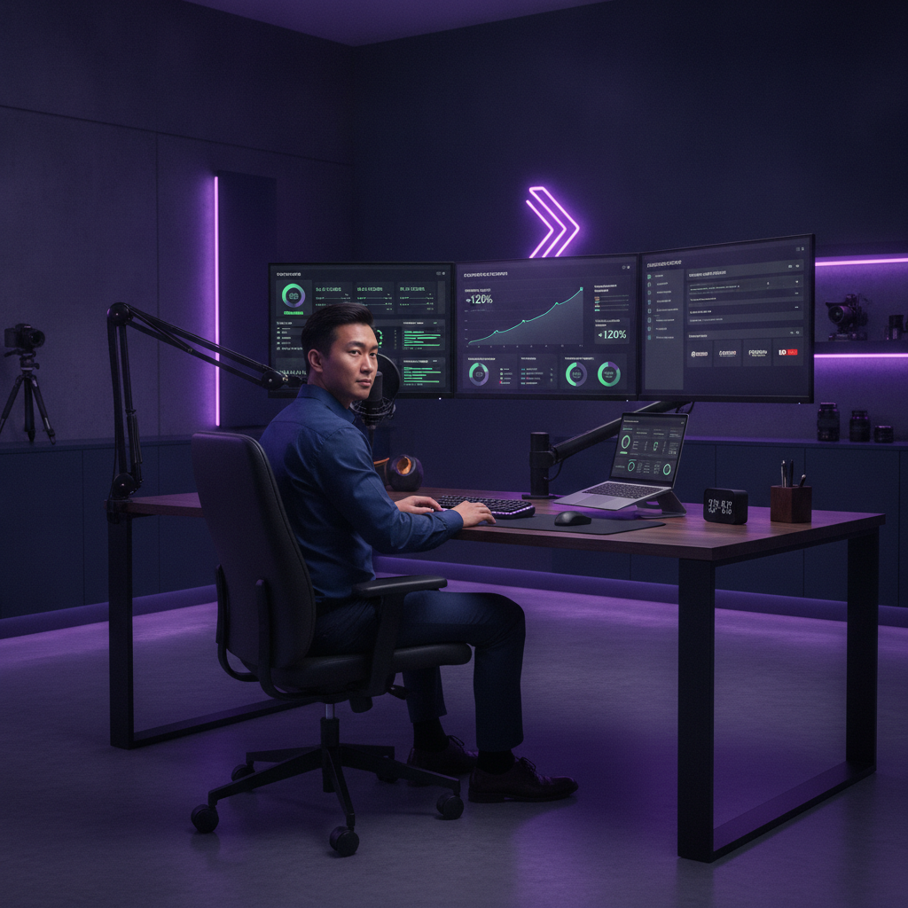 Sleek modern creator workspace with analytics dashboard and professional lighting