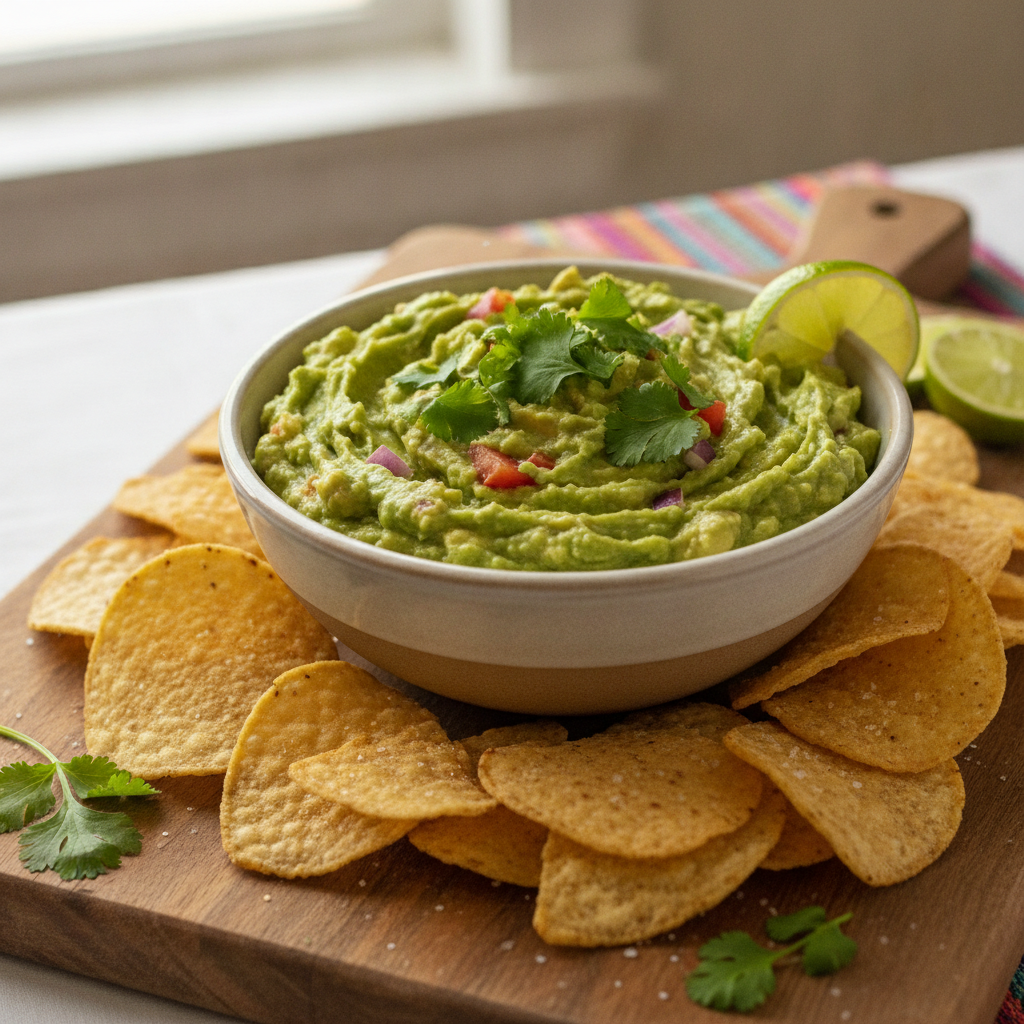 A vibrant bowl of freshly made guacamole garnished with cilantro, served with crispy tortilla chips