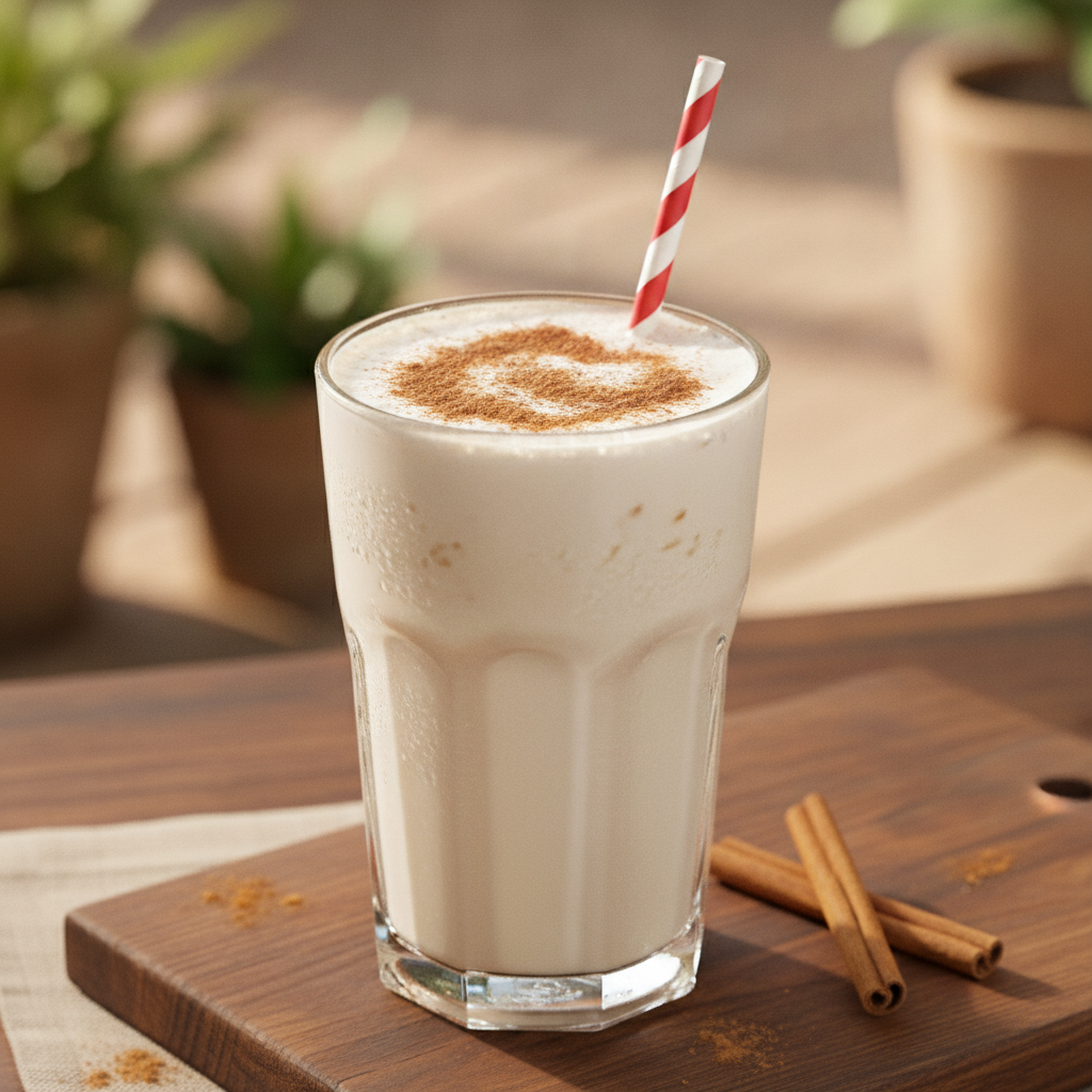 A tall glass of creamy Horchata, sprinkled with cinnamon and served with a straw