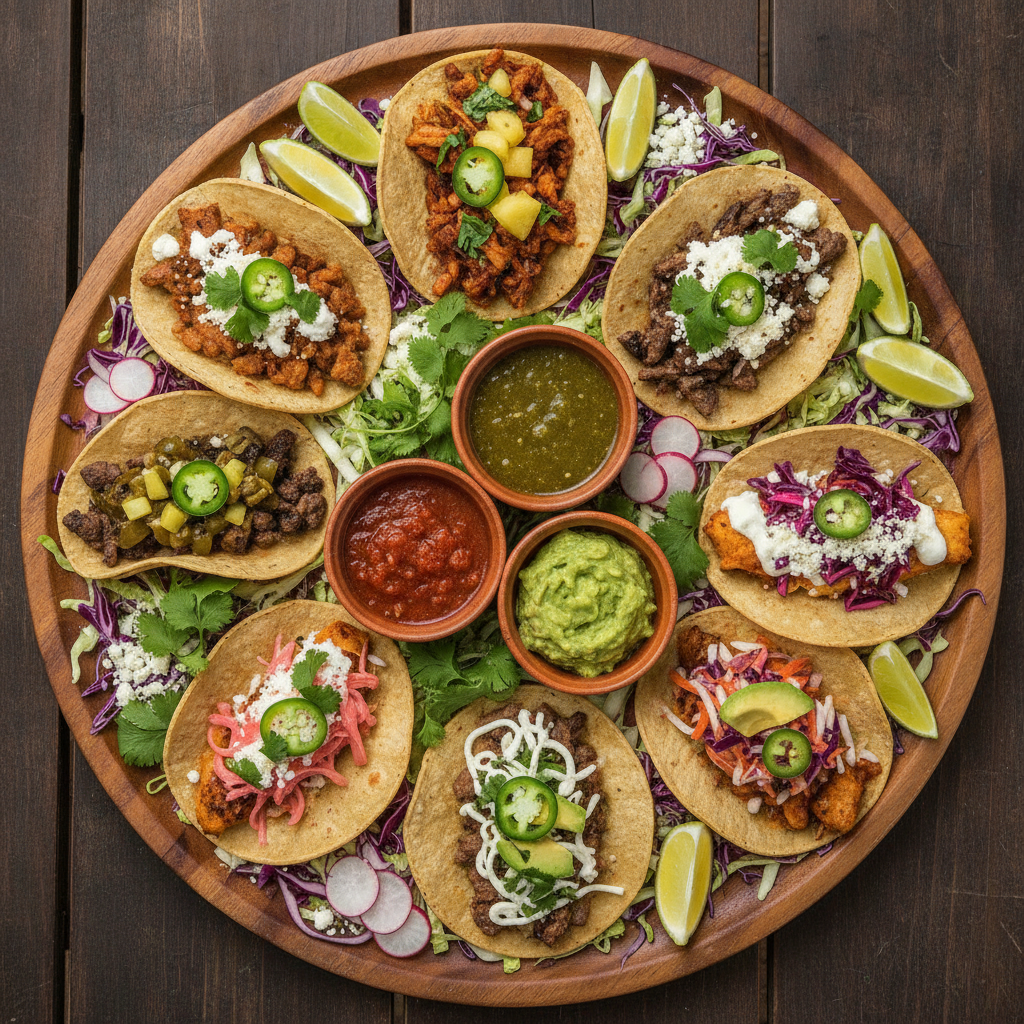 An overhead shot of a colorful platter featuring assorted street tacos with various fillings and toppings