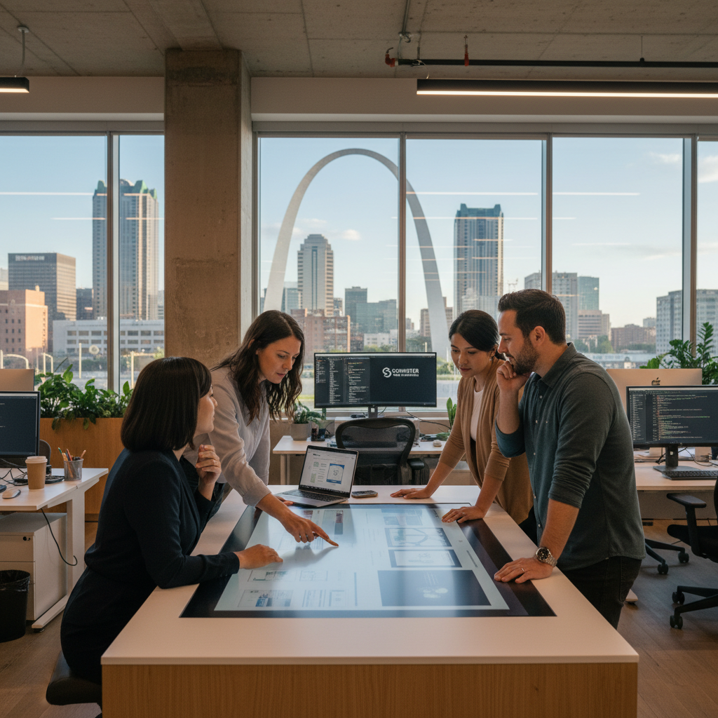 Schuster Web Solutions team collaborating on a website design in a modern St. Louis office