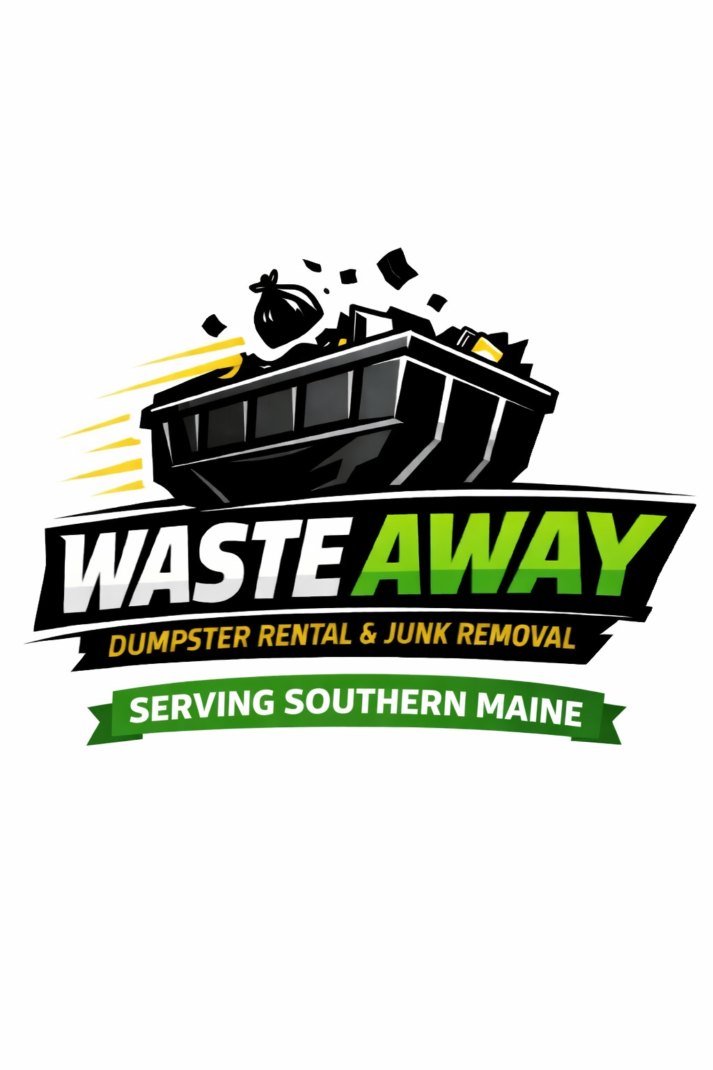 Clean, freshly painted roll-off dumpster safely parked in a residential driveway in Southern Maine