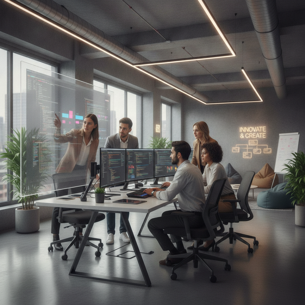 Modern web development team collaborating in a high-tech office environment