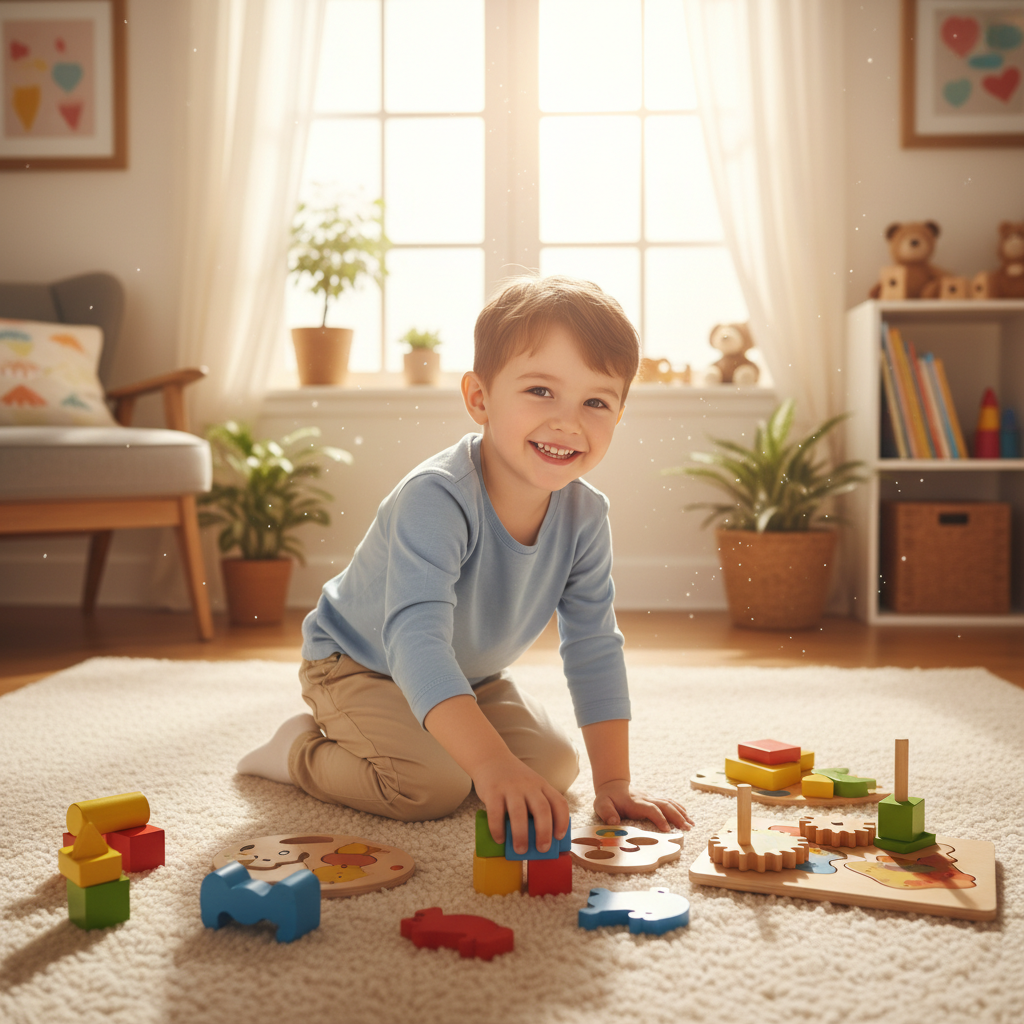 Niño feliz jugando con juguetes terapéuticos educativos de madera y bloques de colores en un ambiente cálido, luminoso y seguro, transmitiendo confianza y bienestar emocional