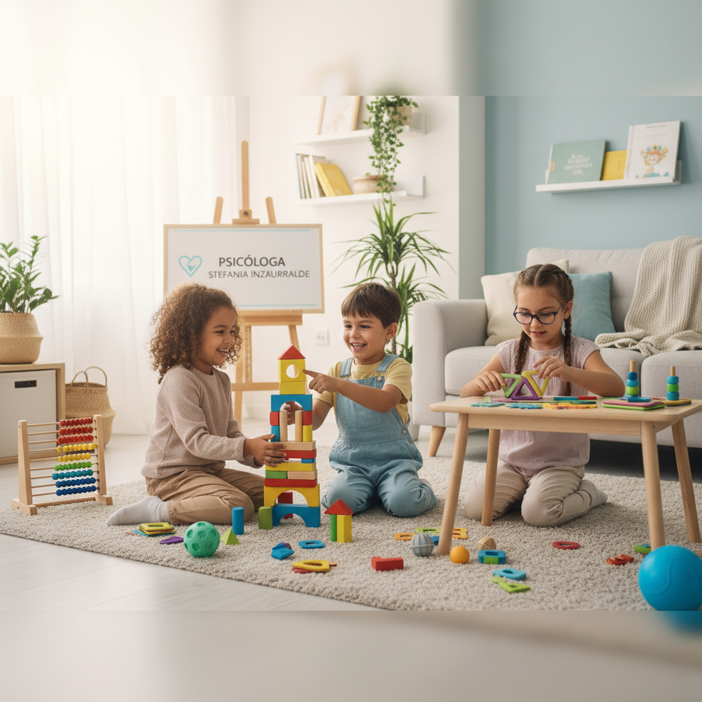 Niños felices jugando con juguetes educativos en un espacio luminoso y seguro que transmite confianza para padres
