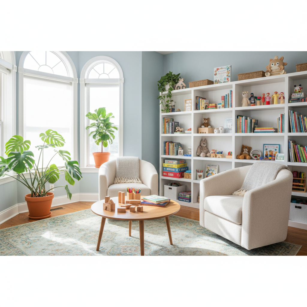 Warm and welcoming child therapy office interior featuring comfortable armchairs, soft natural sunlight streaming through large windows, lush green plants, shelves filled with books, and gentle play materials arranged on a low wooden table, creating a safe and tranquil atmosphere for children and families.