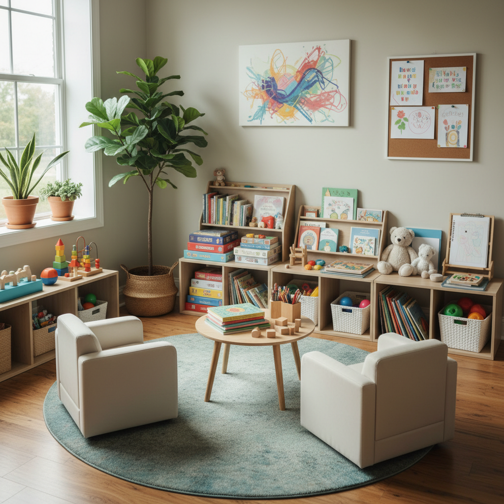 Sala de terapia infantil acogedora con luz natural suave, plantas, libros y materiales de juego que invitan a la calma