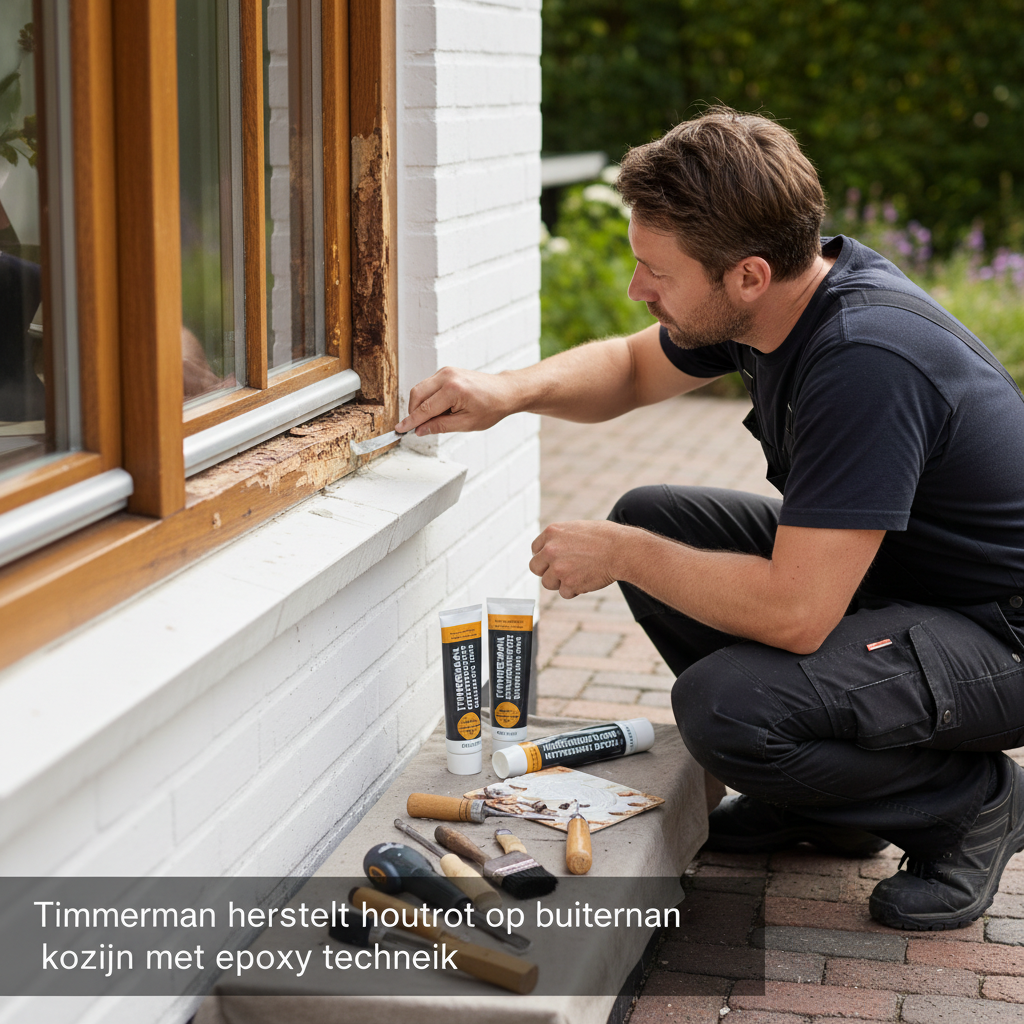 Timmerman herstelt houtrot op buitenkozijn met epoxy techniek