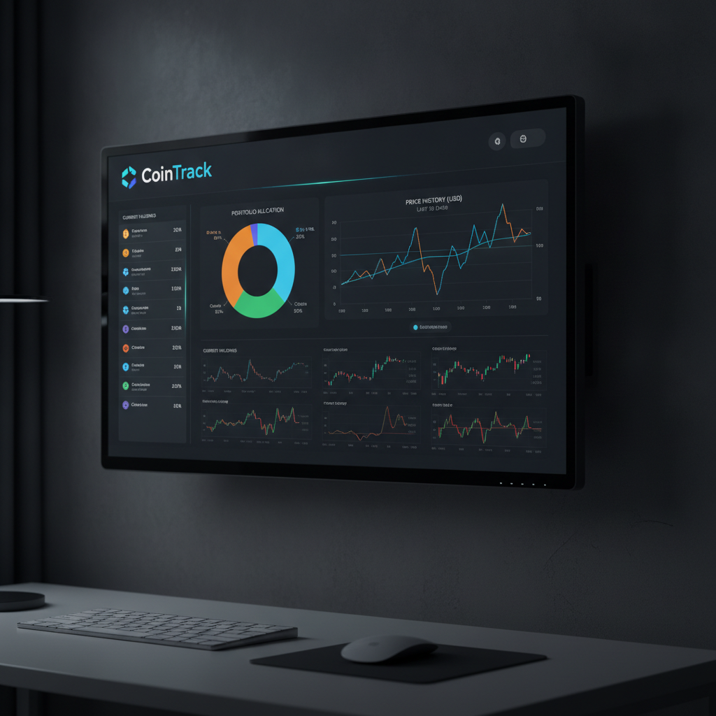CoinTrack cryptocurrency dashboard with portfolio charts and price graphs on dark interface