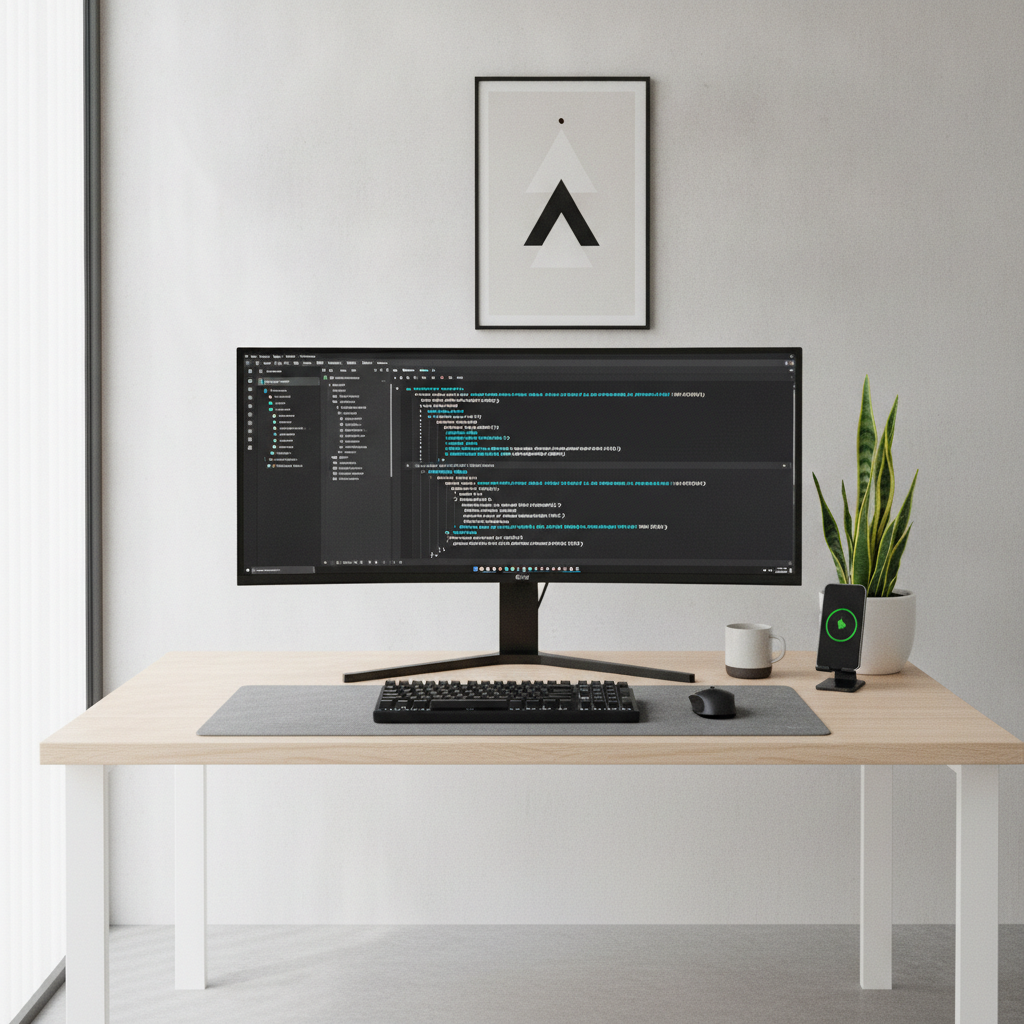 Modern minimal web design studio workspace with code editor on large monitor