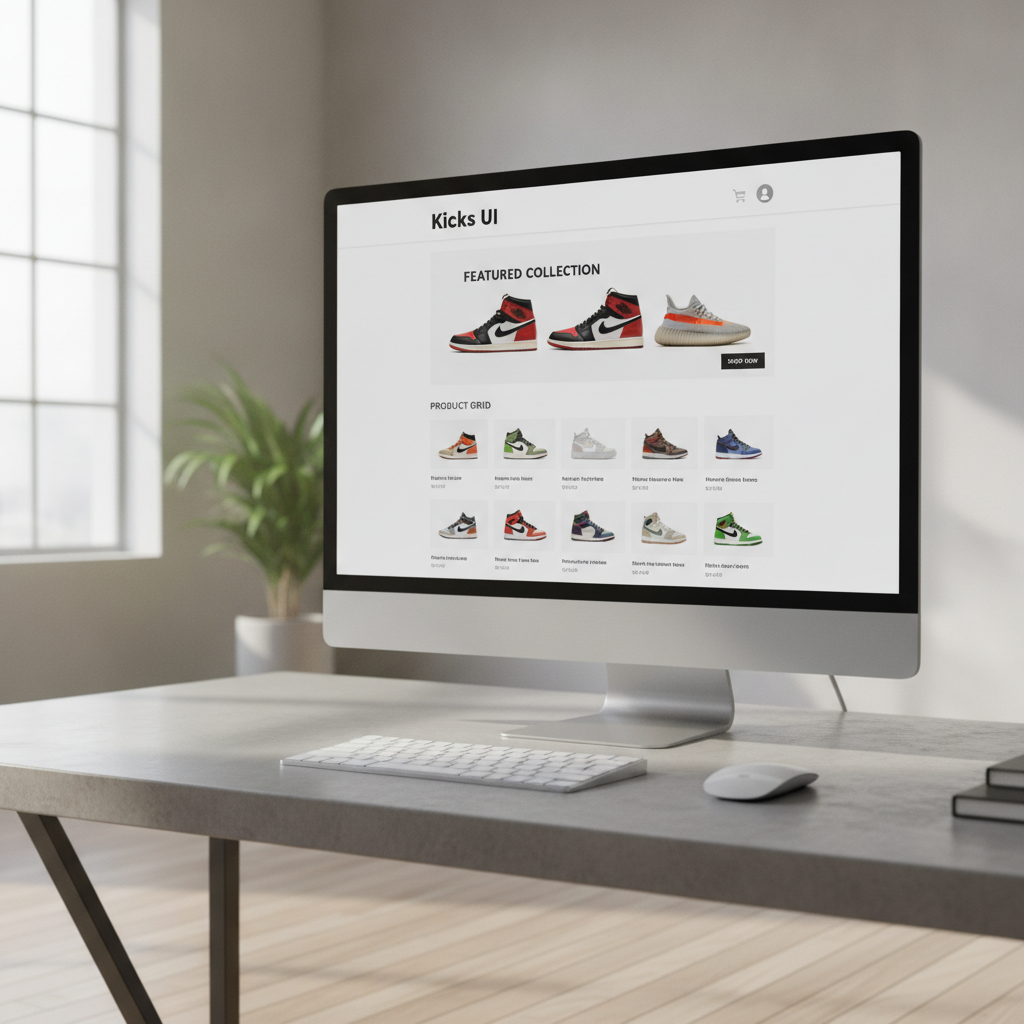 Kicks UI sneaker ecommerce storefront with featured shoe collection and minimalist product grid