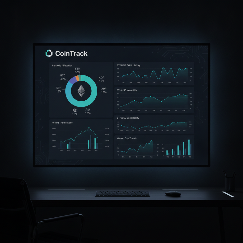 CoinTrack cryptocurrency dashboard with portfolio charts and price graphs on dark interface