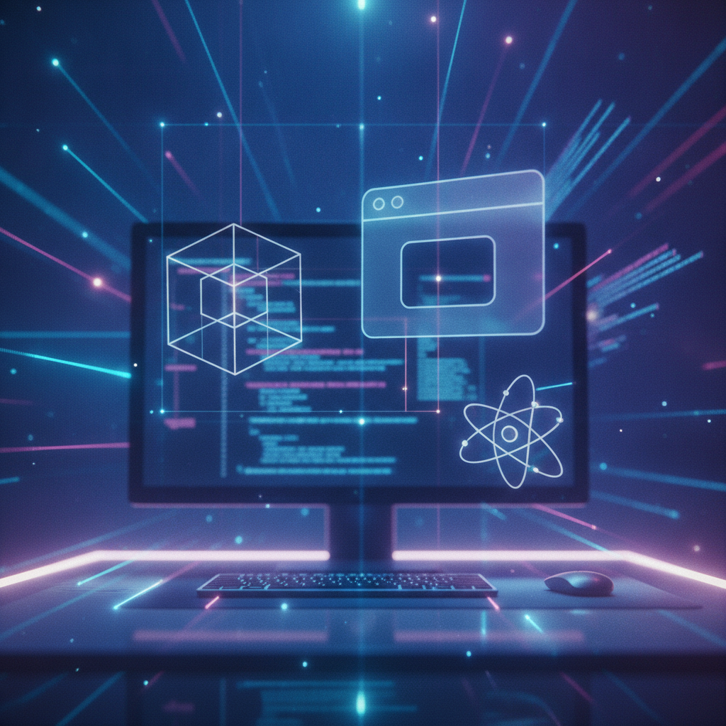 Modern web development workspace abstract background with code and design elements
