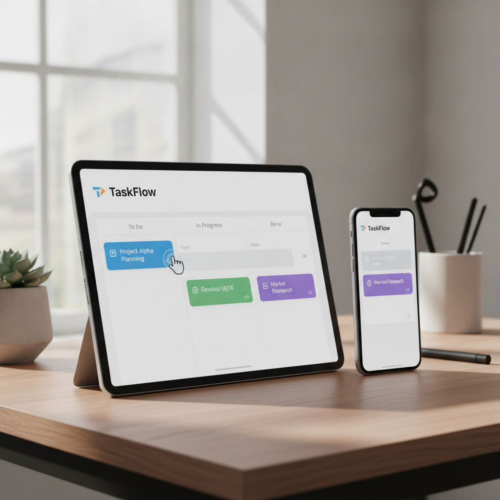TaskFlow productivity kanban board app with drag and drop task cards clean interface