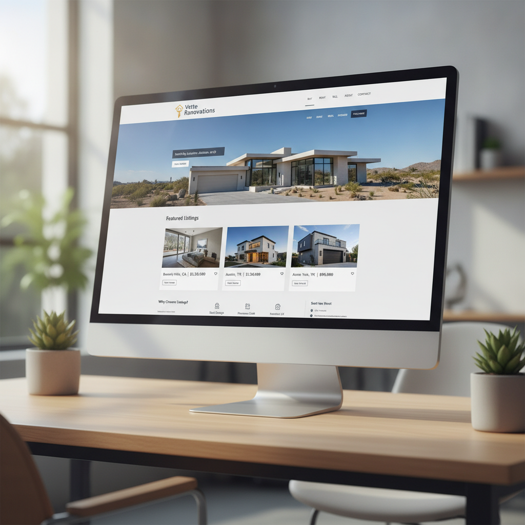 Modern real estate website homepage for Vette Renovations showcasing property listings