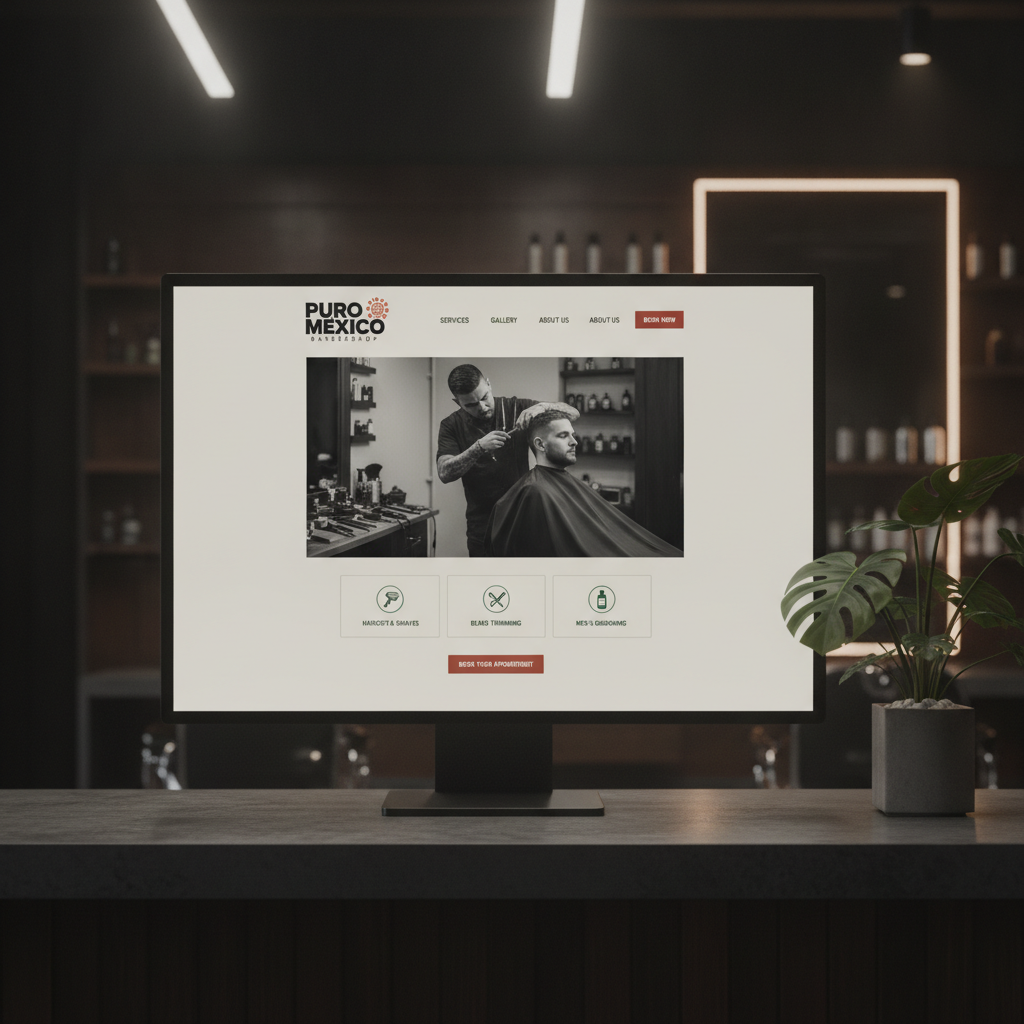 Stylish barbershop website homepage for Puro Mexico showcasing services and booking