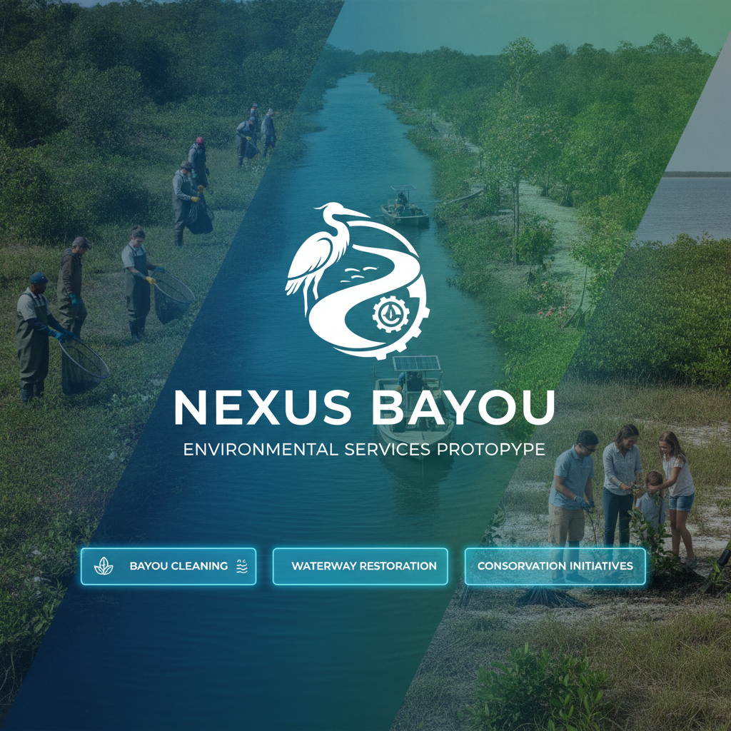 Environmental services prototype website for Nexus Bayou showcasing bayou cleaning, waterway restoration and conservation initiatives