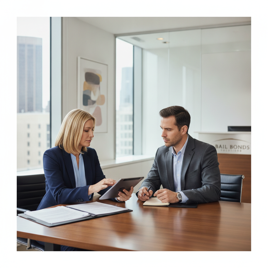 Professional bail bonds agent consulting in a modern office