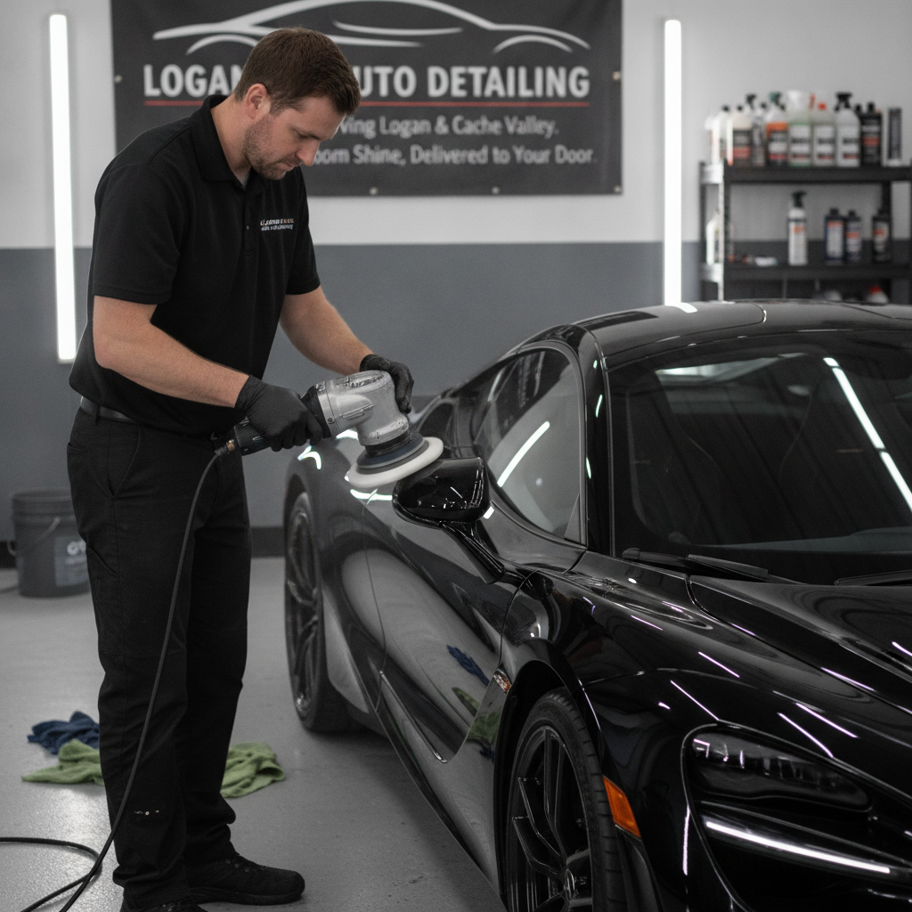 Professional detailer meticulously machine polishing a luxury sports car