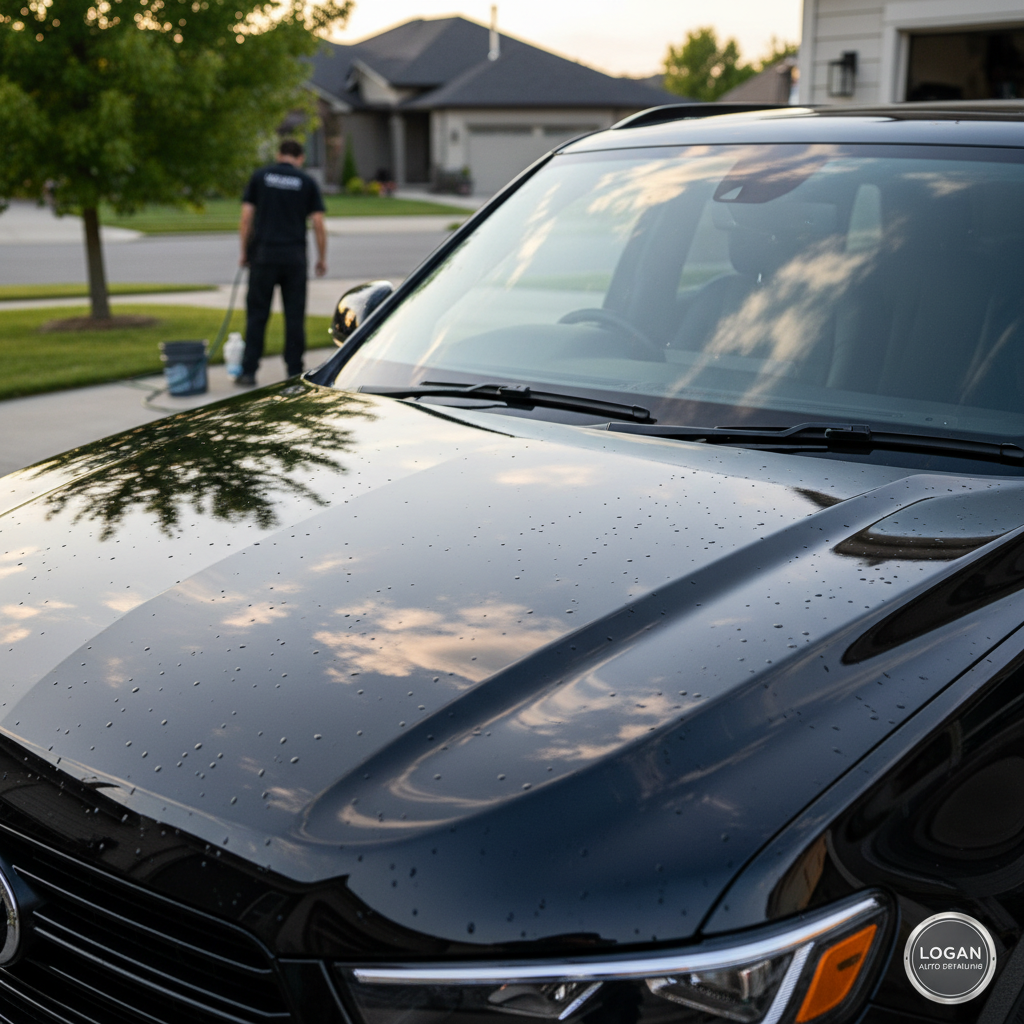 Glossy black SUV reflecting the sky after an exterior wash and wax