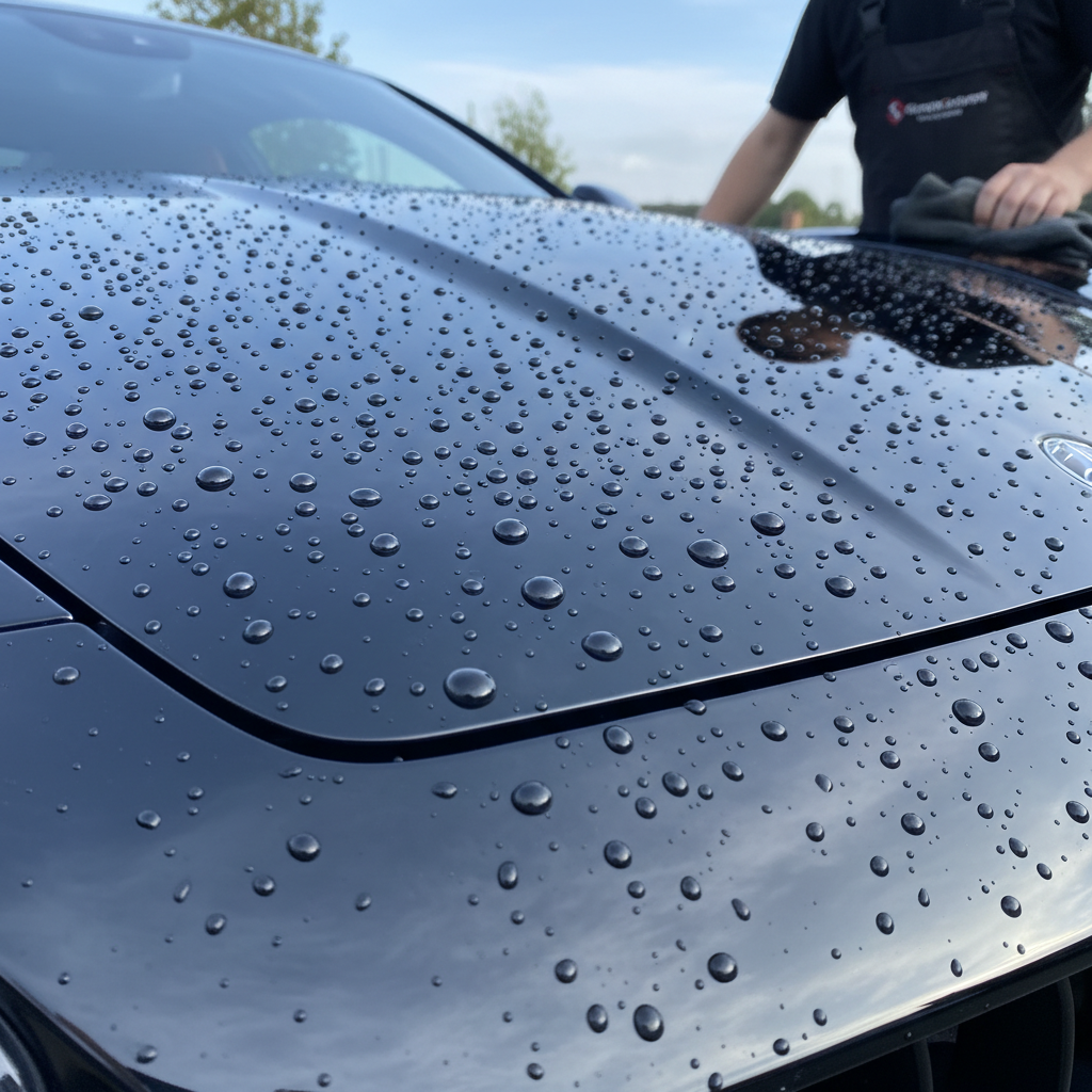 Water beading on a car hood with professional ceramic coating