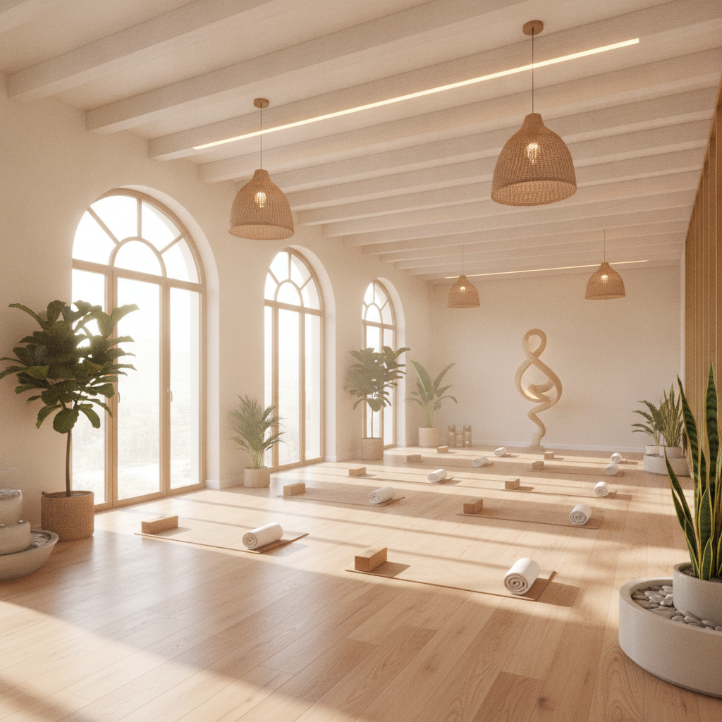Peaceful and premium studio ambiance, lighting, and decor
