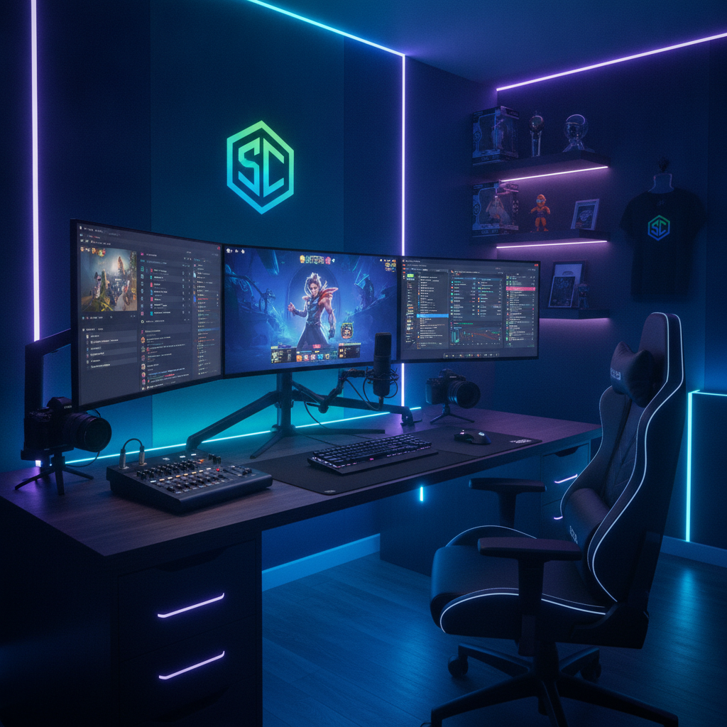 High-end professional iGaming streamer setup showcasing premium broadcasting equipment, multiple monitors, and vibrant neon lighting