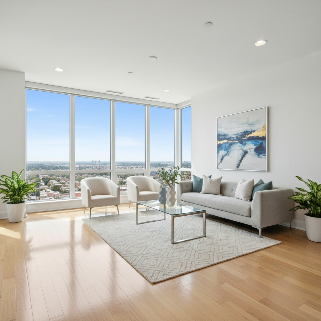 A bright, impeccably clean modern living room with large windows and polished floors.