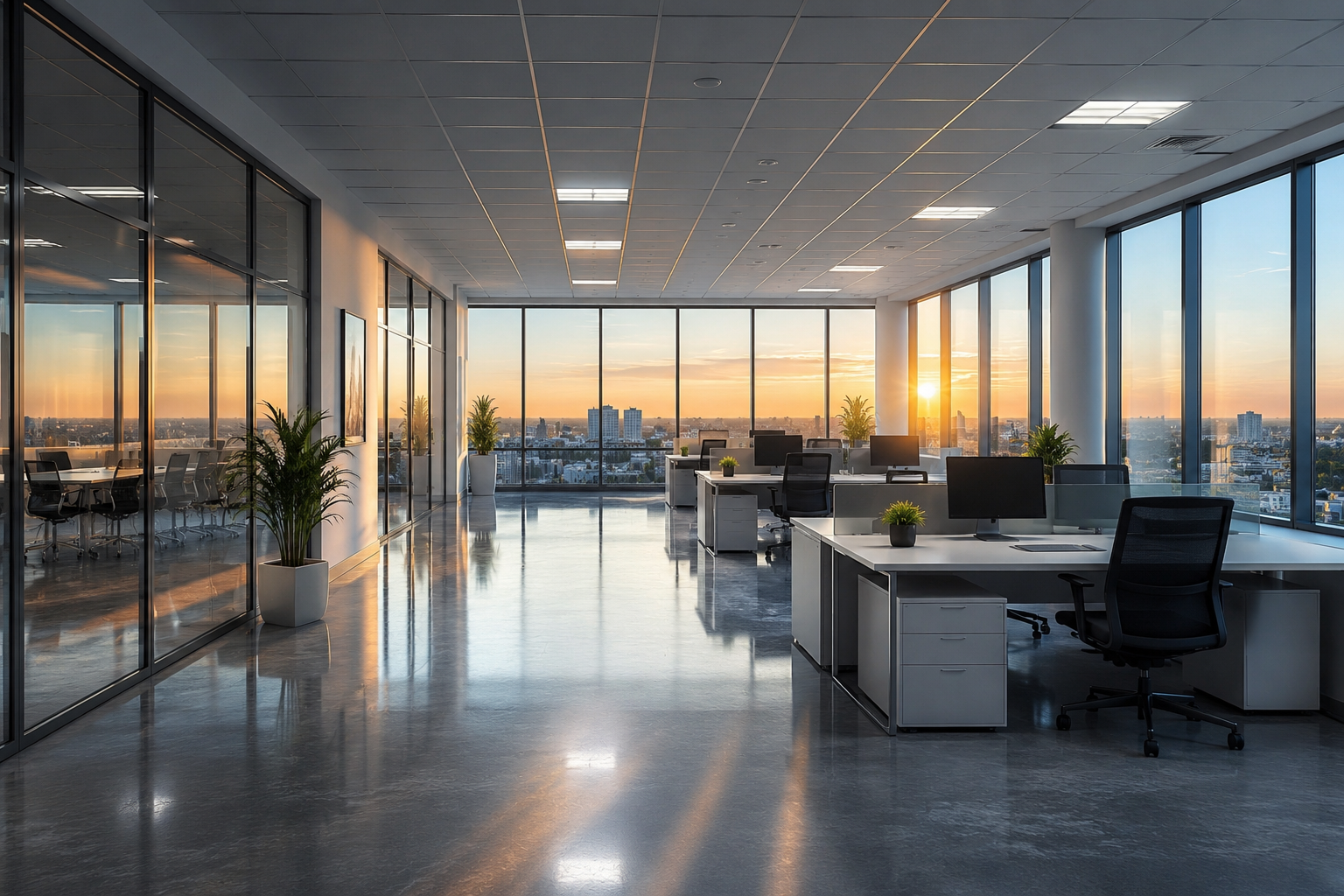 A clean, empty corporate office space at dawn, with gleaming floors and organized desks.