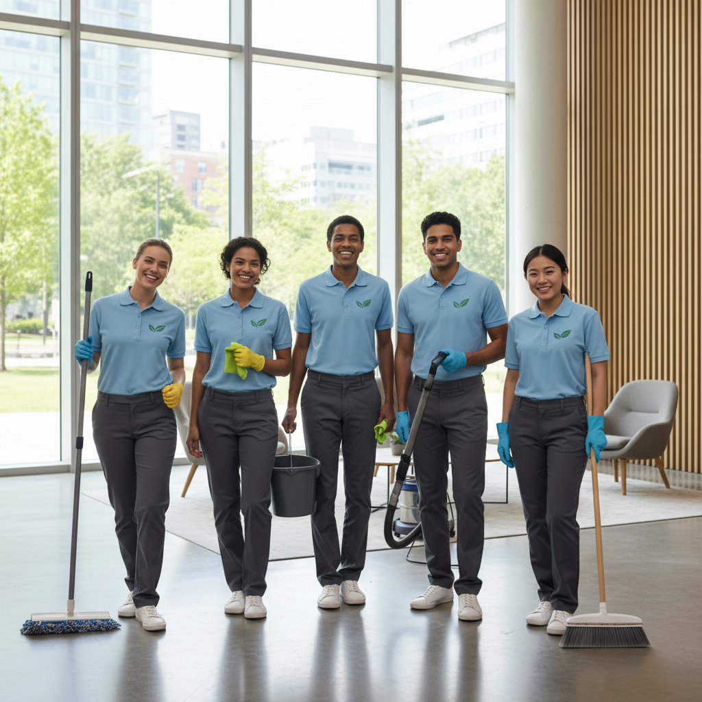 A diverse team of Universal Solutions cleaning professionals in uniform, smiling in a modern office lobby.