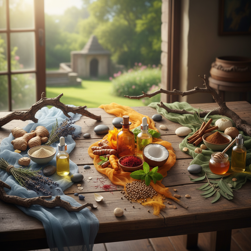 Beautifully arranged Ayurvedic herbs, spices, and essential oils representing the three Doshas