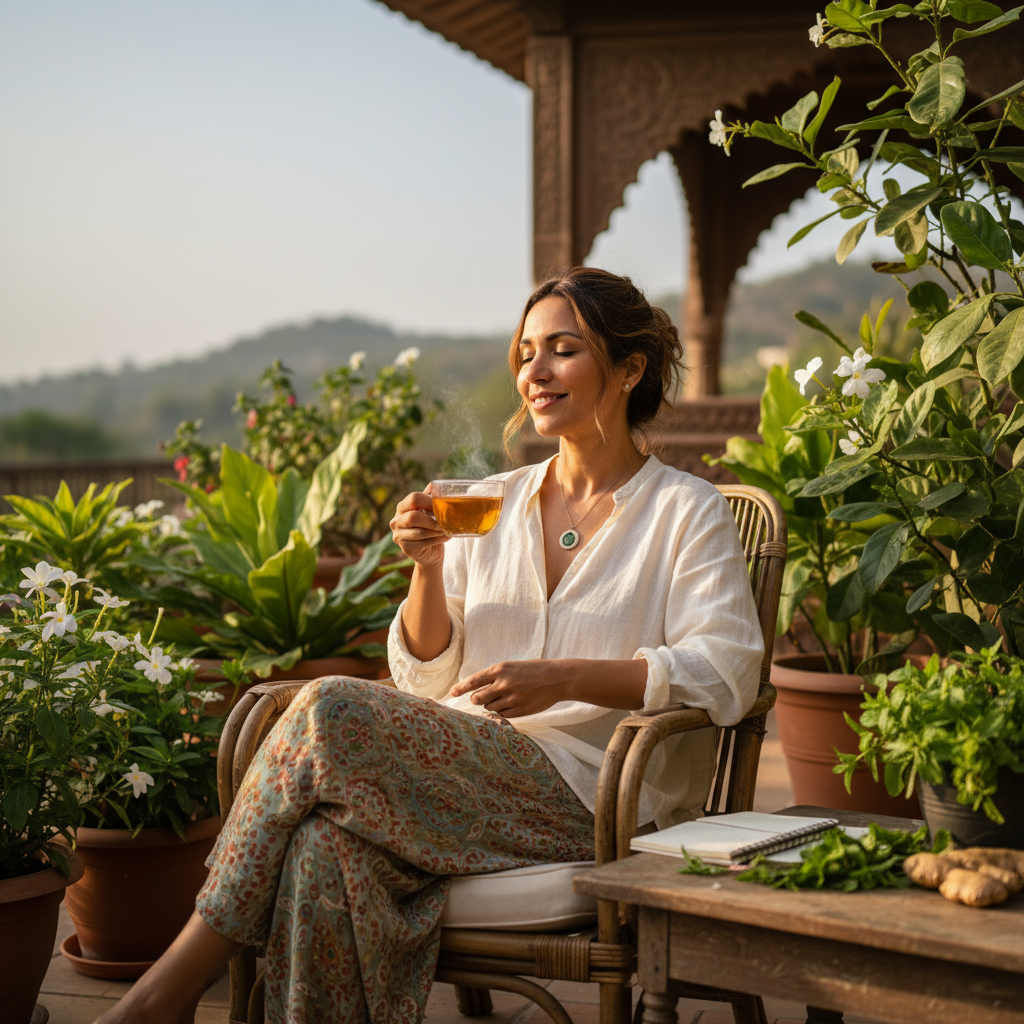 A relaxed, glowing client smiling while enjoying herbal tea outdoors after an Ayurvedic session