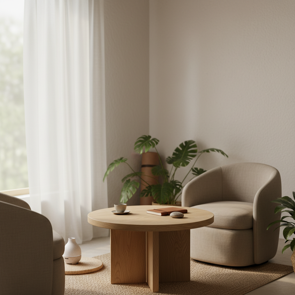 A calming, minimalist room bathed in natural light prepared for a holistic wellness consultation
