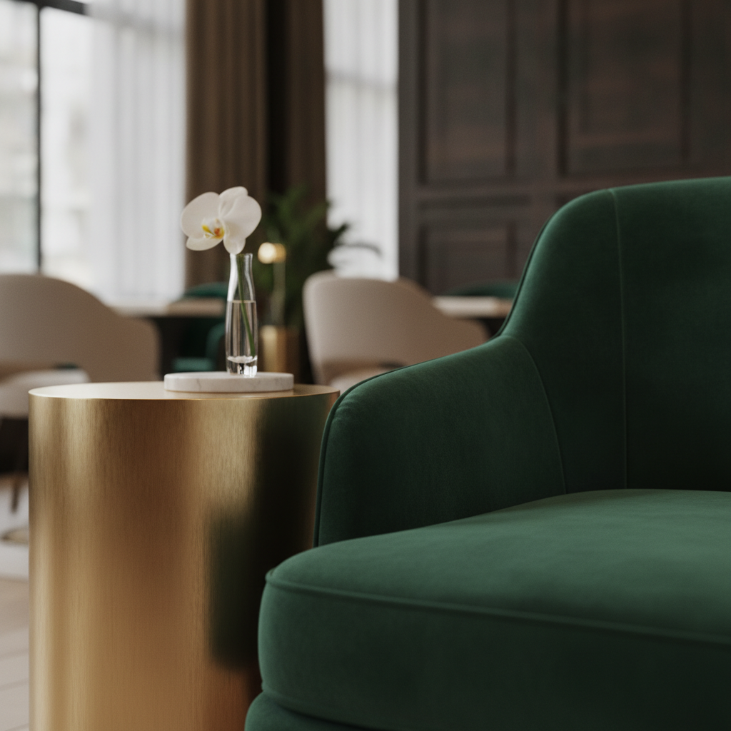 A textural photo showcasing the rich velvet and brushed brass details within the Monaco salon
